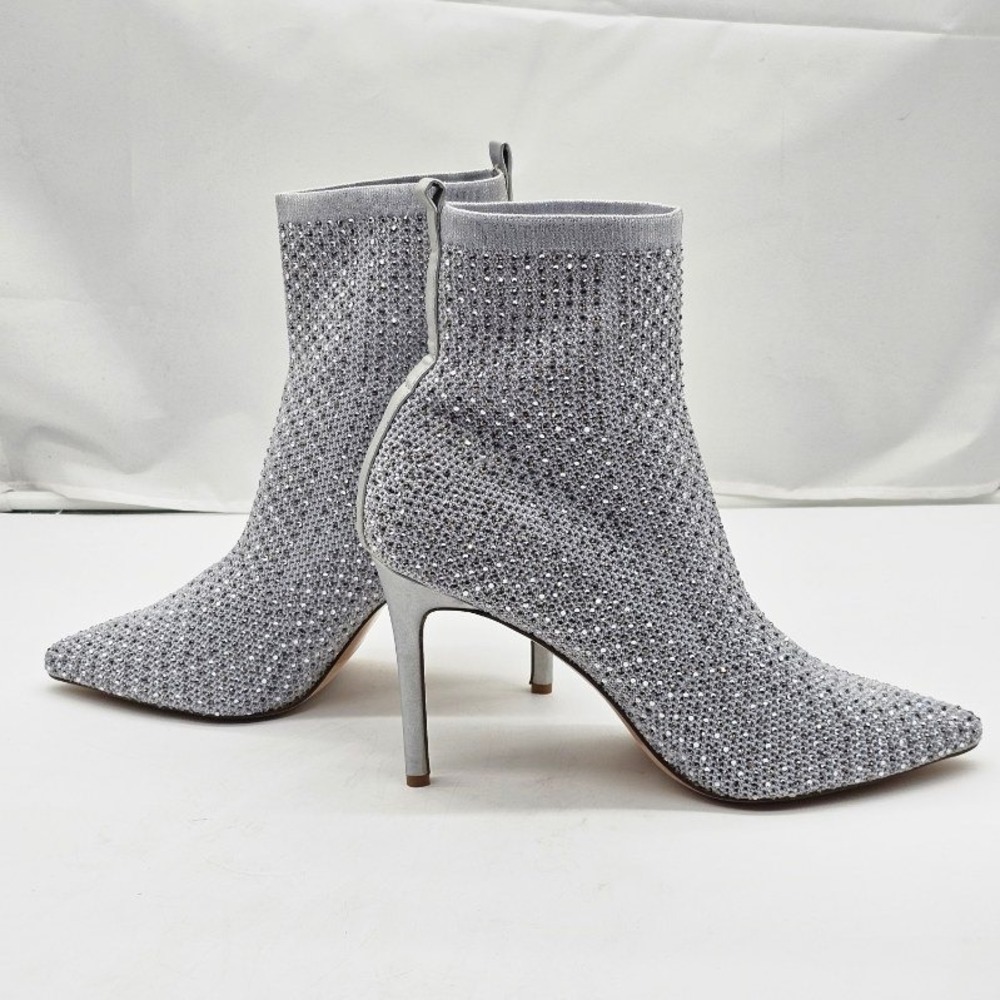 Zaira Style Rhinestone Sock Boots Womens 12M Silver Stiletto Pointed Toe
